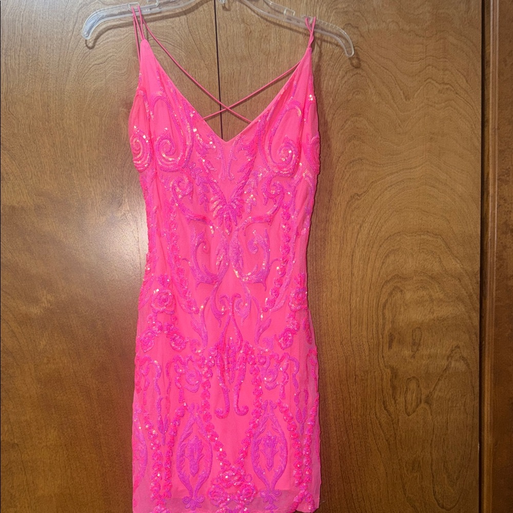 Hot Pink Beaded V-Neck Mini Dress with Crisscross Straps